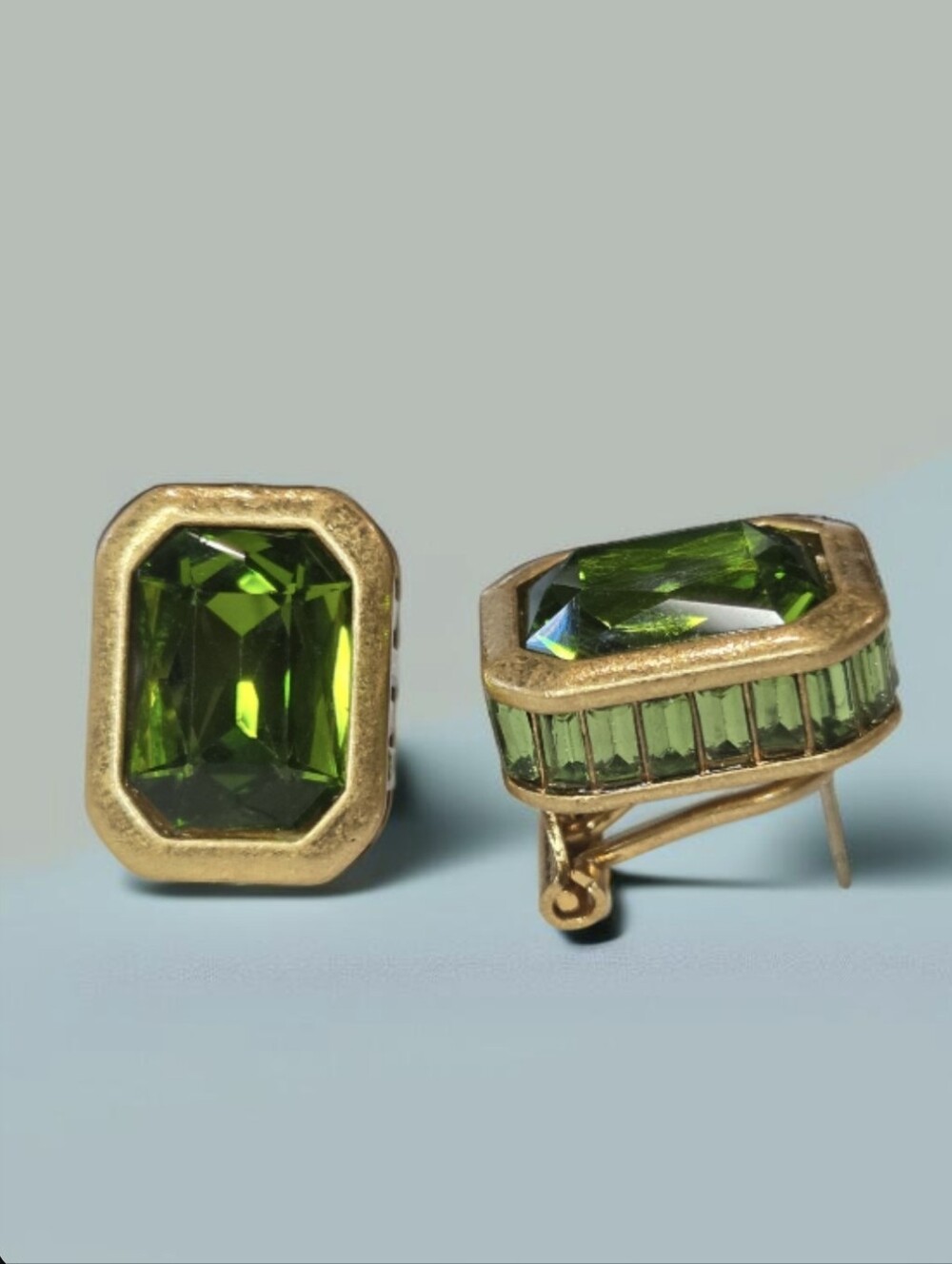 18k Gold Plated Cubed Peridot Crystal Omega Stud Earrings